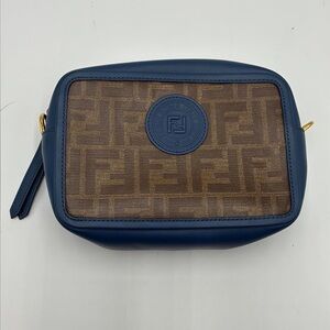 Fendi Brown Zucca Canvas and Navy Leather Logo Crossbody Pouch